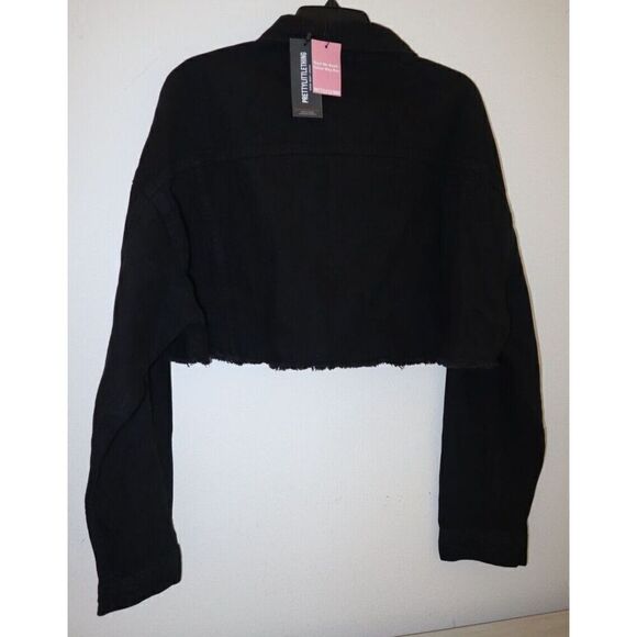 PRETTY LITTLE THING Women's Sz 12 Washed Black Basic Raw Edge Denim Crop Jacket - Picture 2 of 10